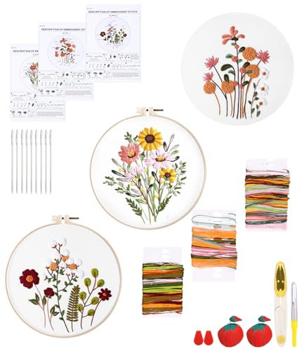 Cotepi Stickset für Anfänger, Blumenmuster Pflanzen Sticken Set Erwachsene Stickerei Set, mit 2 Stück Kunststoff-Stickrahmen und Werkzeuge, Kreuzstich Set für DIY Kunst, Handwerk, Sticken