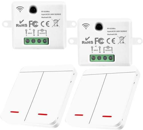 WIYETY Interruptor inalámbrico: interruptor de 433 MHz, iluminación inalámbrica, interruptor RF y receptor (2 interruptores, 2 receptores)