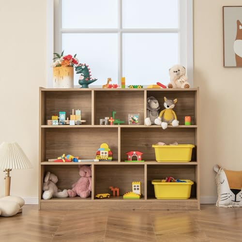 DREAMADE Bibliotheque Enfant 122x32x93CM à 3 Niveaux avec 8 Compartiments, Coffre à Jouets Enfant en Bois Charge 60KG,Étagère de Rangement Filles Garçons pour Jouets&Livres (Naturel)