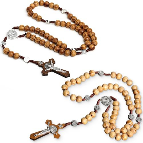 KUMSODE 2PCS Chapelet en Bois D'olivier de Jérusalem Chapelets Catholiques en Bois Faits à la Main Bijoux Religieux avec Croix Femme Homme