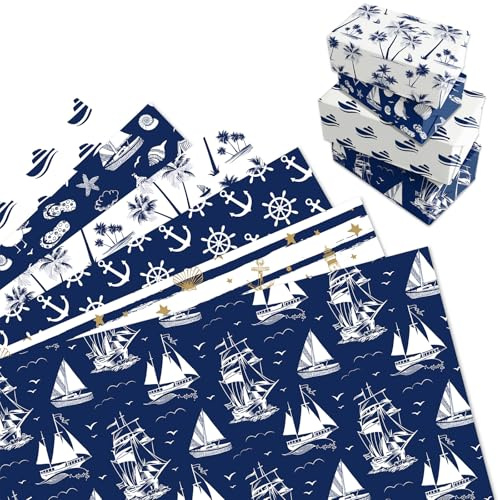 MORAINJAY 12 Feuilles Papier Cadeau Marin, Papier Cadeau Ancre Bateau, Emballage Nautique Anniversaire Homme, Garçon Fête Nautique Bébé, 68x50cm