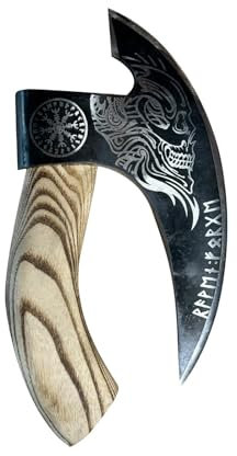 Tagliapizza vichingo, manico in legno, design ascia con motivo teschio nero e naturale