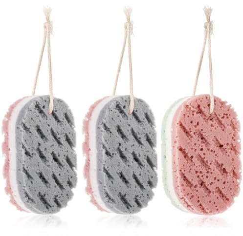 WLLHYF 3 Stück Badeschwamm für Frauen, Schwamm, Luffa, Körperschrubber, tiefes Peeling, Duschschwamm für Körper, große Größe, Badeschwamm, Badezubehör (1 grün-weißes Pulver + 2 grau-weißes Pulver)