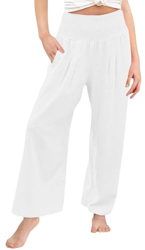 Mis Pedidos Pantalones Lino para Niñas Algodón y Lino Pantalon Casuales para Niñas Adolescentes Cintura Alta Elástico Pantalón de Pierna Ancha Holgado Cómodo Pantalones de Chándal con Bolsillos