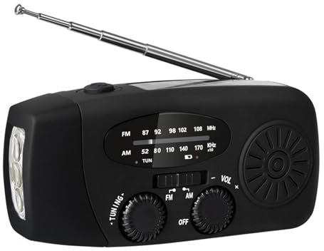 Tragbares Solar-Kurbelradio mit Taschenlampe, FM-Kurbelradio, wiederaufladbar über USB, AM/FM, Wetter- und SOS-Alarm, Notfall-Kurbelradio für Zuhause, Camping und Wandern Schwarz