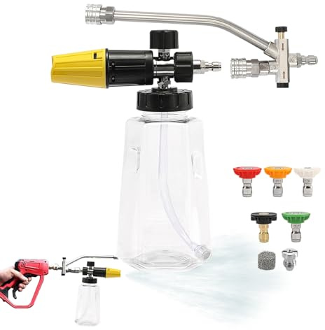di schiuma per idropulitrice, dispenser di sapone con 5 ugelli, design ergonomico, 1000 ml, attacco rapido per la pulizia di cortile, giardino, casa, terrazza