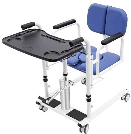 Sollevamento idraulico per pazienti a casa, sedia di trasferimento e sedia a rotelle con altezza regolabile 30 – 46 cm – Include tavolo e sedia per WC, fino a 150 kg, per anziani e cura (blu)