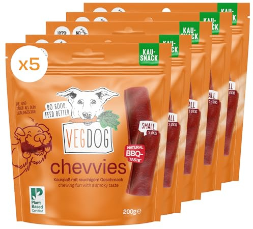 VEGDOG Chevvies hypoallergena tuggpinnar för hundar (5 x 200 g) | fettsnål tuggglädje med naturlig rökarom | tuggsnack för allergiker med rismjöl och rödbetspulver
