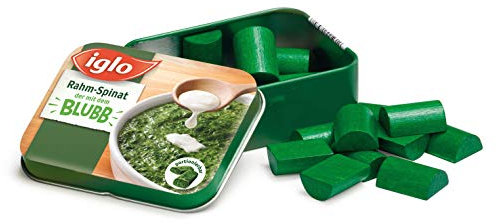 Erzi 18470 Spinat von Iglo aus Holz in der Dose, Kaufladenartikel für Kinder, Rollenspiele