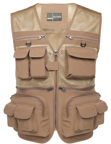 Flygo Men's Fishing Vest Utility Lightweight Outdoor Travel Safari Photo Cargo Vest with 16 pockets mesh Khaki L