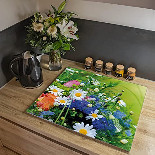 banjado® Herdabdeckplatte Glas 1-teilig 60x52 cm/Schneidebrett Herdabdeckung mit Motiv Blumenstrauß/Herdabdeckplatten Ceranfeld 1teilig / Schneidebrett Glas individuell einsetzbar