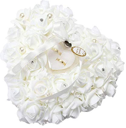GOTOTOP Hochzeit Ringkissen, Romantisch weiß Satinrose Herzförmig Ringkissen Perle Valentinstag Ehering Kissen Box 15x13cm