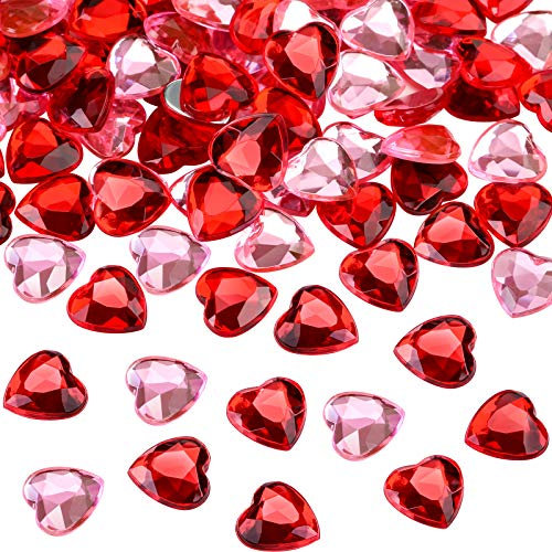 200 Pieces Red Acrylic Heart for Valentines Day, Wedding Heart Table Scatter Decoration, Flat Back Heart Rhinestones, 0.5 Inch (200 Pieces, Red, Pink)