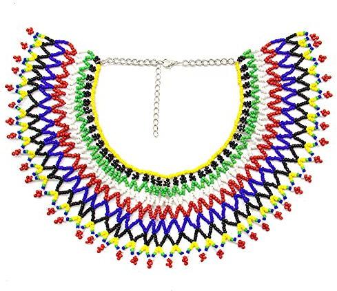 AUEAR Colorful Beaded Maasai South African Necklace for Women, Unique Design, Lightweight, Multi-Purpose Use, 4.5 x 3 inches, Beads