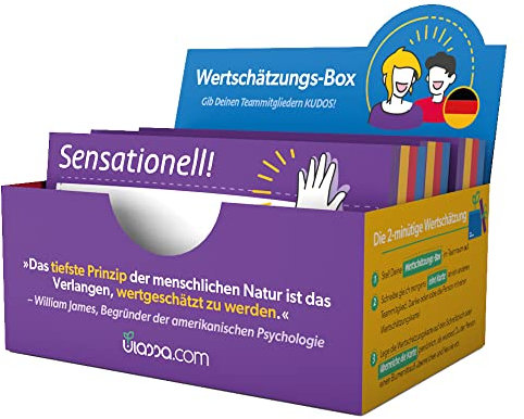 Ulassa Kudos Karten Box - 200 Kudo Cards Box - 100 x 70 mm - DEUTSCHE Version - Wertschätzungs-Kartenset - Karten um Wertschätzung, Lob und Motivation im Team zu steigern - Dankeskarten, Lobkarten