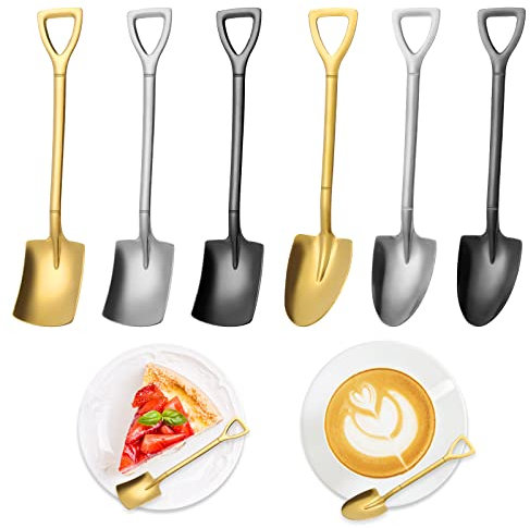 cobee Cucchiaio per pala, 3 cucchiaini da pala+3 cucchiai a punta in acciaio inox con vanga e cucchiaini da caffè latte gelato dessert per cucina tea party (argento, nero, oro)