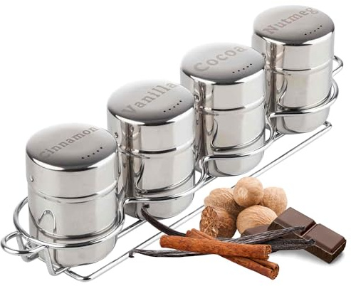 Tablecraft 6 oz Coffee Shaker 4-Piece Set with Rack | Ideal for Cocoa, Cinnamon, Nutmeg | Home, Café, Foodservice & Coffee Bar Use | Stainless Steel Shakers for Seasonings, Spices, & Toppings