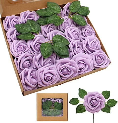 ZAMMAZ Artificial Roses Flowers 50pcs Real Looking Foam Fake Roses with Stems for DIY Wedding Bouquets Bridal Shower Centerpieces Party Decorations (50, Light Purple)