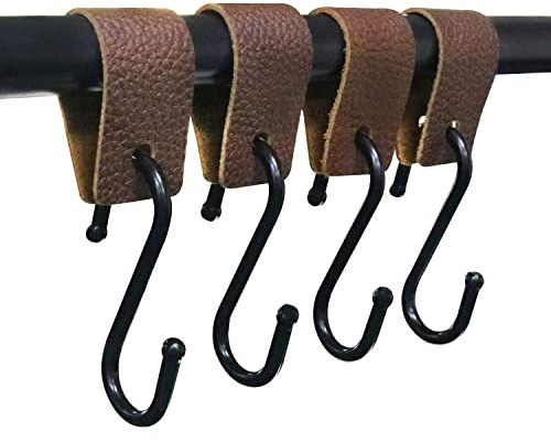 ZZLZX Leather S-Hooks 4PCS Brown S Shaped Hangers for Kitchen, Bathroom, Bedroom and Office, Camping Hook