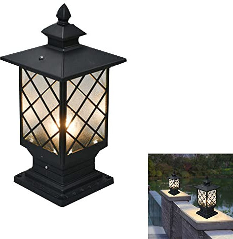 Vintage Sockelleuchte Schwarz Aluguss und Glas Schirm Außen-Leuchte Rustikal E27 Gartenlampe Wasserdicht IP44 Sockellampe Säulelampe Pollerleuchten für Terrassen Garten Balkon Rasen Wegeleuchte