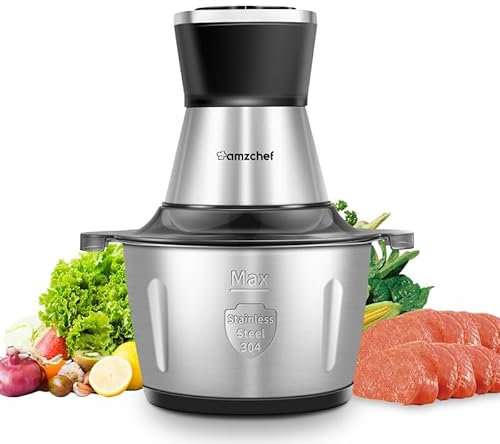 AMZCHEF Zerkleinerer Küche Elektrisch,Zerkleinerer Mit 2L Edelstahlschüssel.500W Multizerkleinerer Elektrisch Mit 2 Geschwindigkeitsstufen.Fleischwolf Für Fleisch,Zwiebeln,Babynahrung,Obst & Gemüse