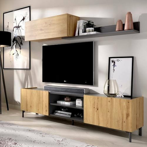 Dmora - Parete attrezzata Korab, Set da soggiorno porta TV, Mobile salotto multiuso, 182x35h180 cm, Rovere Nodi e Antracite