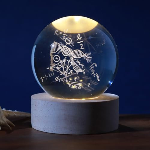 I-TOTAL®- Sfera di vetro 3D con LED RGB effetto sul soffitto, luce notturna per bambini, lampada da notte con base in legno, tema fantasy, decorazione in cristallo disegno (MATH)