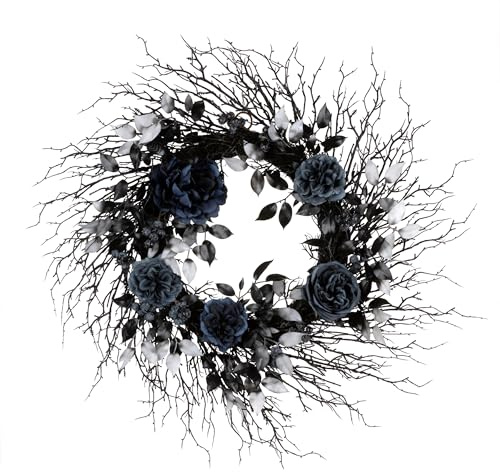 National Tree Company Artificial Deadwood and Roses Halloween Wreath, Black, 24 inch