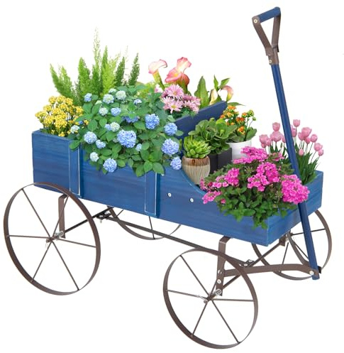 HAPPYGRILL Wooden Wagon Planter, 24.5” x 13.5” x 24” Decorative Garden Planter w/ 2 Planting Sections, Wheels, Handle, Small Decorated Cart, Flower Planter Box for Indoor Outdoor Festival Patio (Blue)