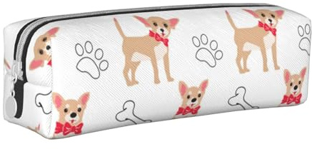 YWSOTRE Chihuahua Chiens Mignons Et Bol, Trousse à Crayons, étui à stylos, Sac à Crayons en Cuir Portable avec Pochette à cosmétiques à Fermeture éclair