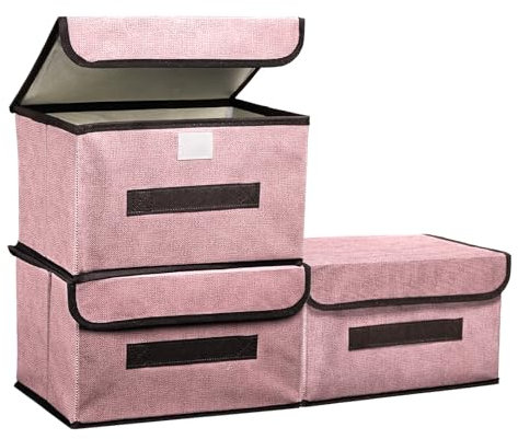 PATIKIL Fabric Collapsible Storage Bin 10.2 x 7.5 x 6.3 Inch, 3 Pcs Foldable Storage Box Cube with Lids and Handle Organizer Container for Home Bedroom Closet Clothes, Pink