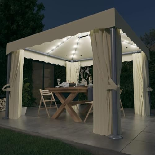 Gecheer Cenador con cortinas y cadena de luces LED, 3 x 3 m, color blanco crema, cenador de exterior, toldo, pérgola con tela, pabellón de jardín, carpa para fiestas, cenador para barbacoa, A3070345