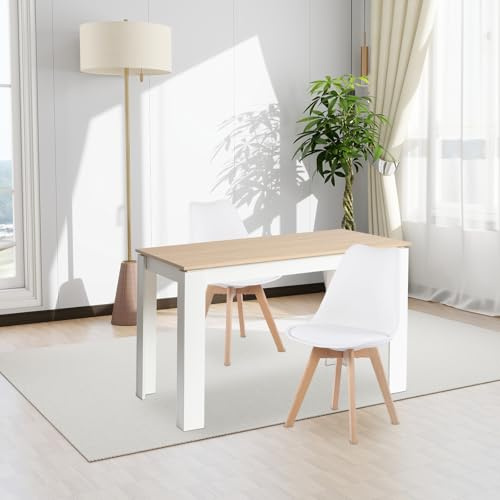 FURNITABLE Esstisch mit 2 Stühlen Esszimmergruppe, 2er Set Esszimmerstühle und 120CM Rechteckig Holztisch Essgruppe für Wohnzimmer Küche Büro (Eiche-Weiß Tischbein Tisch+2 Weiß Stühle)