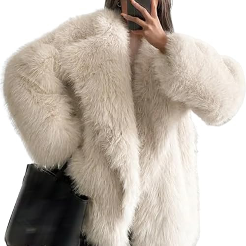 Cappotto Invernale Da Donna In Pelliccia Sintetica, Cappotto Da Donna In Pelliccia Sintetica Invernale Casual Oversize Con Risvolto Caldo E Peloso (L,Beige)