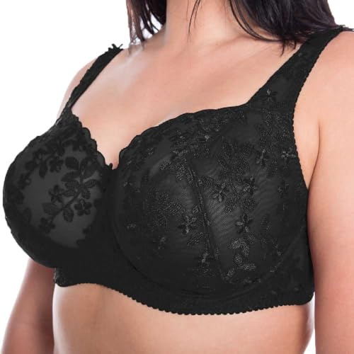 Gemm Ladies Black Embroidered Large Bosom Lace Underwired Firm Bra Plus Size Cup (42H, Black)