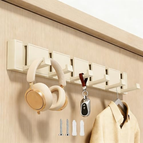 Fairblo Coat Racks Wall Mounted with 6 Retractable Hooks, Folding Metal Coat Hooks with Screws, Modern Wall Coat Hanger Hook for Hanging Clothes Towel Bathroom Bedroom Kitchen Entryway Cream White