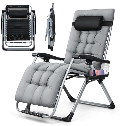 Warmiehomy Zero Gravity Chairs 72cm Width Folding Garden Recliner Chair with Cushion, Headrest Adjustable Sunlounger Chair with Cup Holder Reclining Bedchair for Garden, Beach, Patio, Camping,Grey