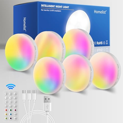 Homelist Motion Sensor Lights Indoor, 6 Pack RGB Puck Light with Remote, Wireless Rechargeable LED Night Light for Wall Stair Kitchen Cupboard Under Cabinet Wardrobe