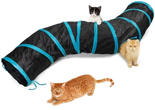 Qinxuepet Cat Tunnel S-Shape Cats Cave with, InteractiveCat Toys, Indoor Foldable Cat Tubes and Tunnels for Kittens, Puppies, Kitten, Rabbit, Guinea Pigs (Blue & Black)