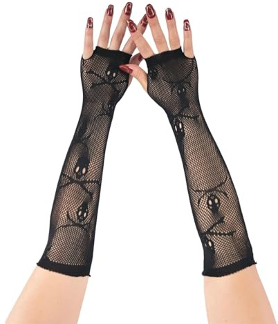 1Pair Fingerless Mesh Gloves Skull Fishnets Fish Net Arm Sleeves Halloween Party Cosplay Costume Accessories Long Fingerless