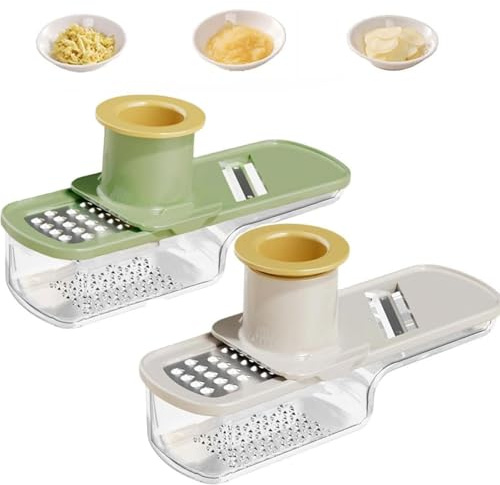 Molinillo de ajo multifuncional 3 en 1, mini cortador de ajo, cortador de mandolina súper delgado con protector de mano y contenedor, cuchillas de acero inoxidable para jengibre, cebolla y verduras