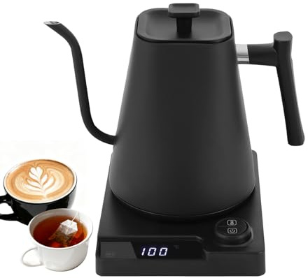 TONFEION Schwanenhals Wasserkocher Elektrischer Teekocher, 1L Teekessel mit LED-Anzeige & Warmhaltefunktion, Gooseneck Kettle Temperatureinstellung 40-100°C, Edelstahl Kaffee Wasserkocher, Schwarz