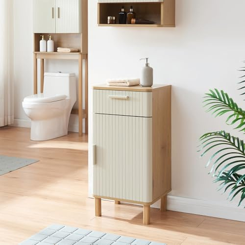[en.casa] Mobiletto da Terra con Anta e Cassetto Armadietto da Bagno con Ripiano Mobile Contenitore Salvaspazio per Corridoio Ingresso 80 x 40 x 35 cm - Effetto Rovere/Avena Oatmeal