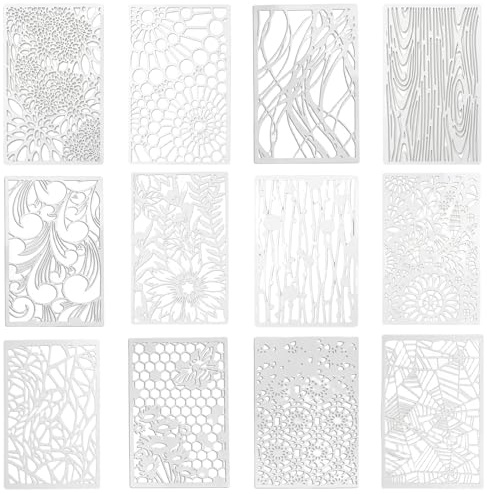 12 Pcs Texture Stencils for Crafts Reusable, Mixed Media Stencils for Painting on Wood Canvas Wall Furniture, Natural Flower Grains Geometric Art Stencil Template for Scrapbooking Card Making DIY