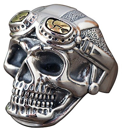 Gothic Two Tone 925 Sterling Silver Pilot Skull Head Open Ring with Gold Glasses for Men Boys Adjustable