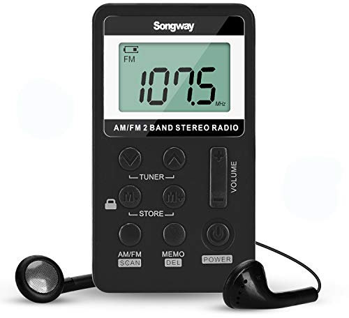 Songway Estéreo con Radio de Bolsillo Am/FM con Auricular Pantalla LCD USB Recargable Excelente recepción DSP para Gimnasio, al Aire Libre, Biblioteca, Museo (Black)