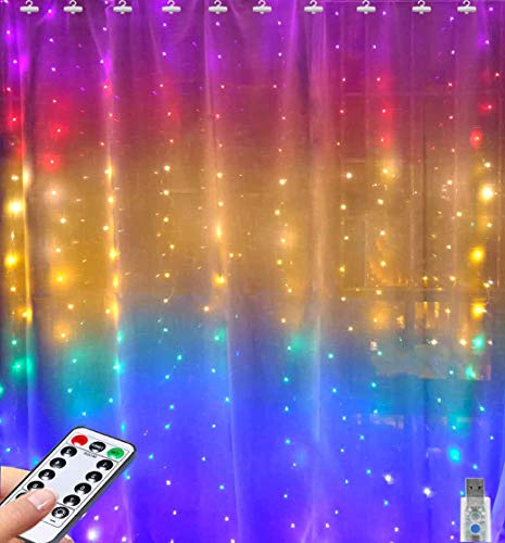 Greenke Rainbow Curtain Lights LED Curtain Lights Waterproof Window Fairy Lights String Remote Icicle Lights 8 Modes Twinkle Lights for Wedding Christmas Party Bedroom Wall Decoration (7-Color)