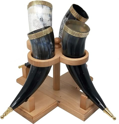 Galaxy Indiacraft Viking Drinking Handmade Natural OX Horn | Tankard | Mug | Cup for Ale, Beer, Mead, Wine | 12 to 15 Inch | 100% Leak Free | with Beautiful Wooden Stand (Set of 4)