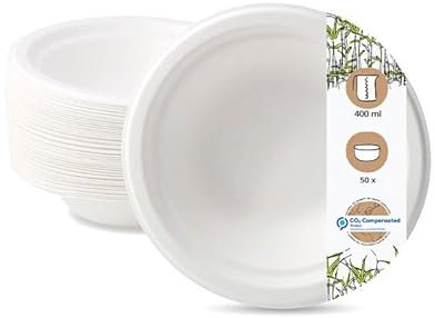 GREENBOX Einweggeschirr Schalen aus Zuckerrohr I kompostierbares, biologisch abbaubares Geschirr I Suppenteller Schälchen Pastateller Servierschale I 50x Suppenschale 400ml, rund 18cm, Weiß