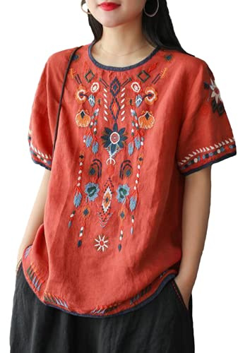 SeekMe Women's Embroidered Blouse Cotton Linen Short Sleeve Peasant Boho Mexican Tunic Top Casual T Shirt (0215-Red-M-FY)